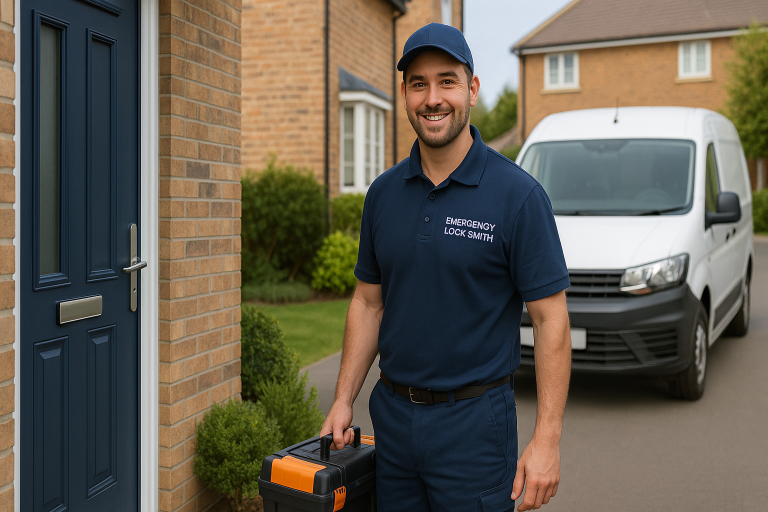 Emergency locksmith arriving at Halstead home with toolkit and service van for rapid lockout assistance
