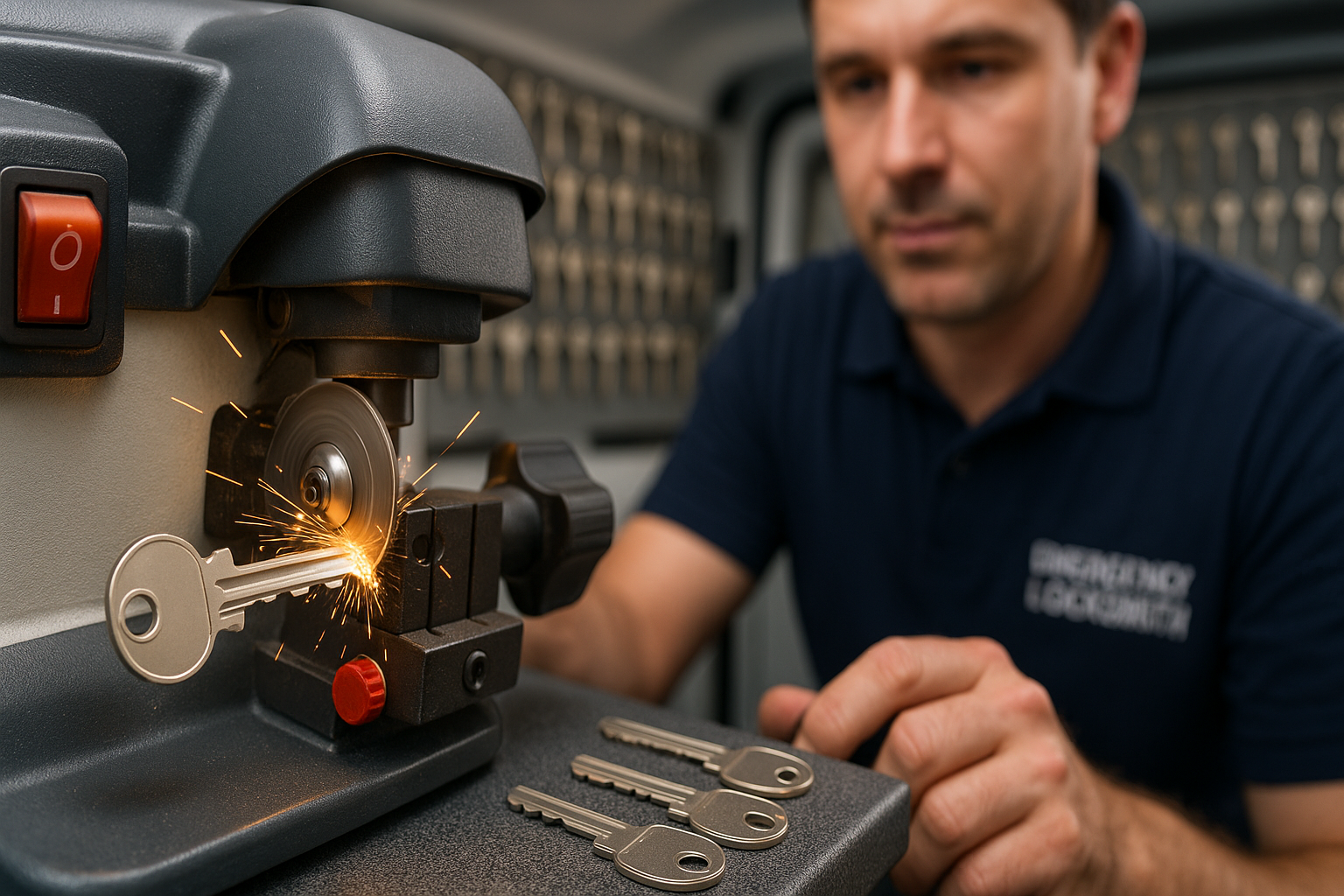 Modern key cutting machine in action precisely cutting house key with professional locksmith operating equipment