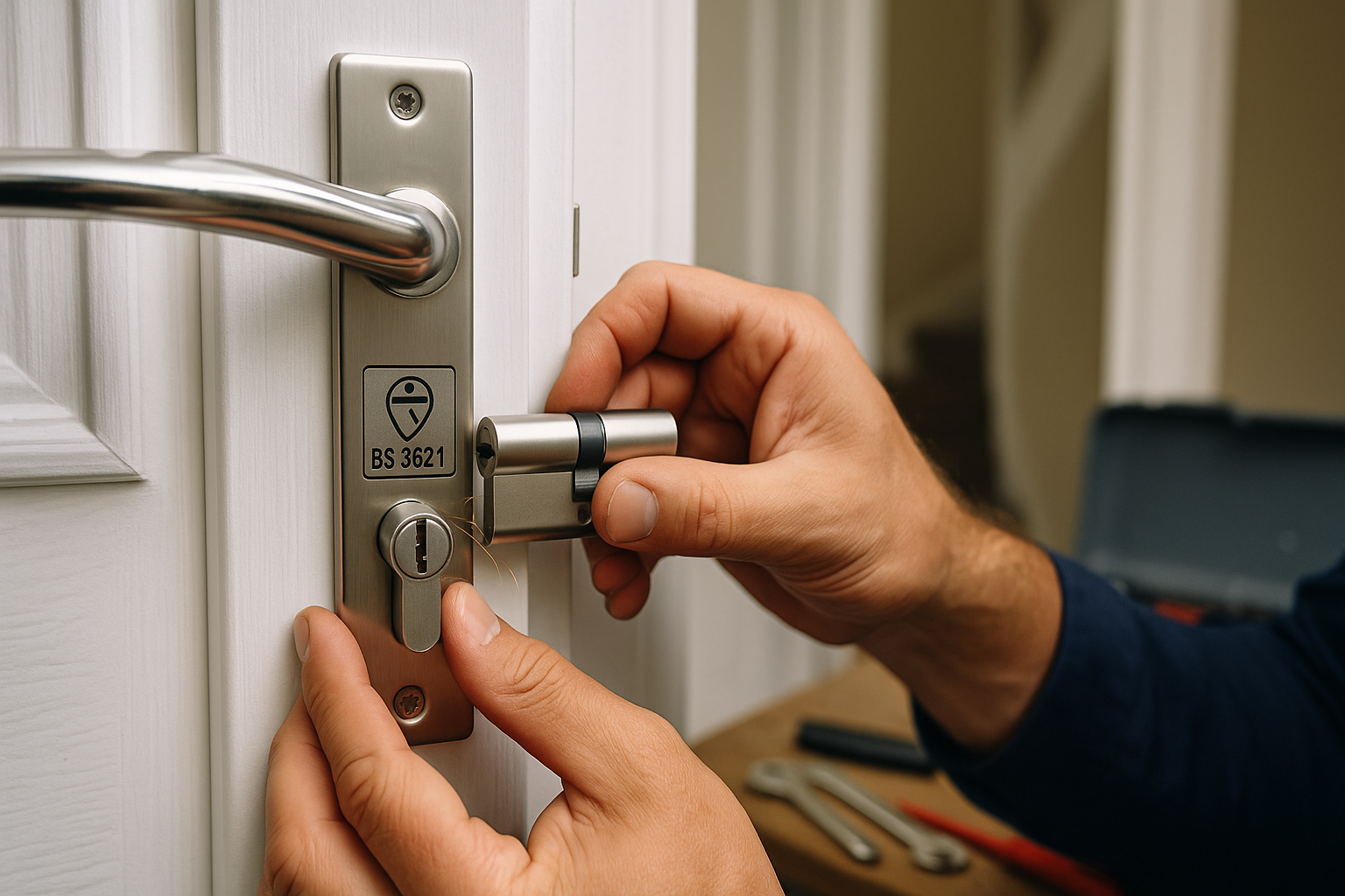 British Standard BS3621 certified lock with kitemark being professionally installed in UK front door